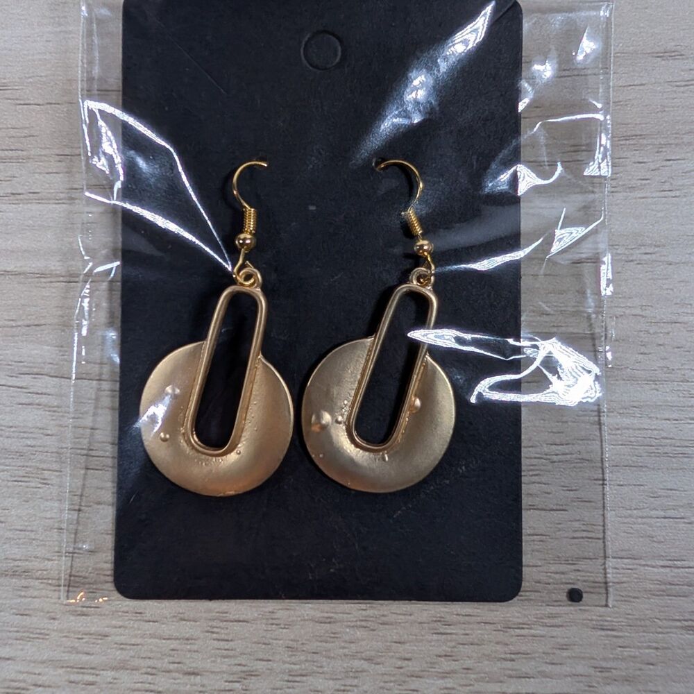 Gold Tone Geometric Dangle Earrings Oval Cutout Disc Modern Style